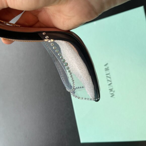 NWT Aquazzura Ray Of Light Sandals Plexi Crystal Peep Toe 105 Black Suede/PVC - Picture 8 of 13